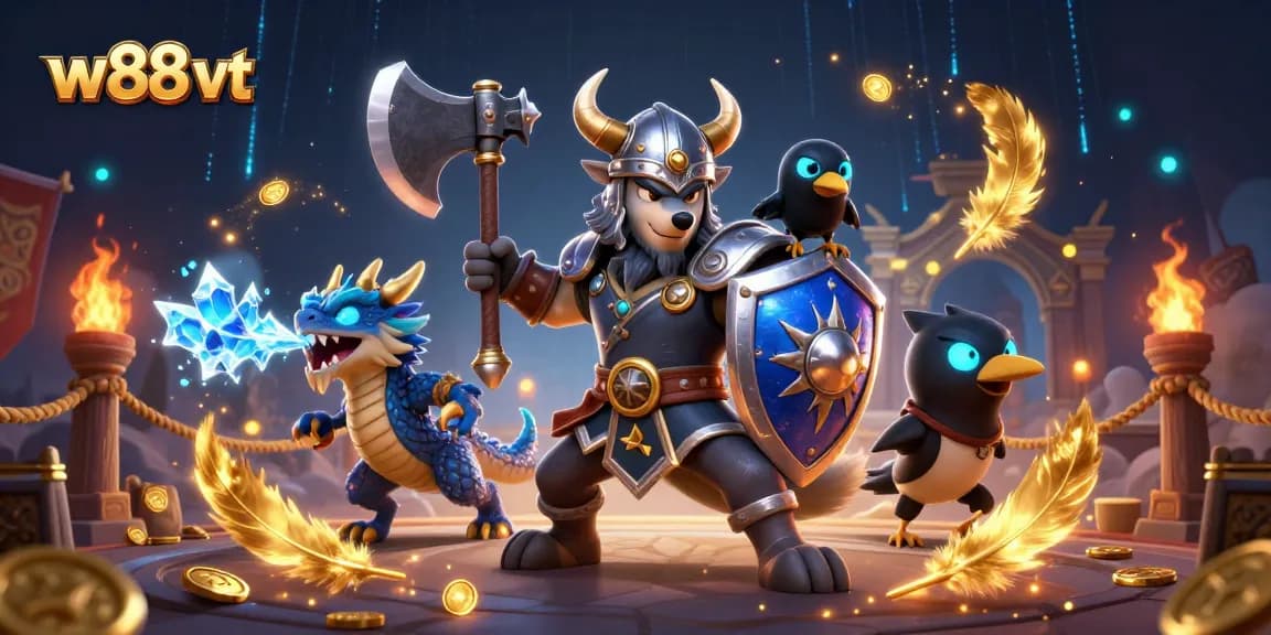Cá cược tại w88 vt với hình ảnh hấp dẫn của chiến binh sói Viking dẫn dắt rồng và quạ.