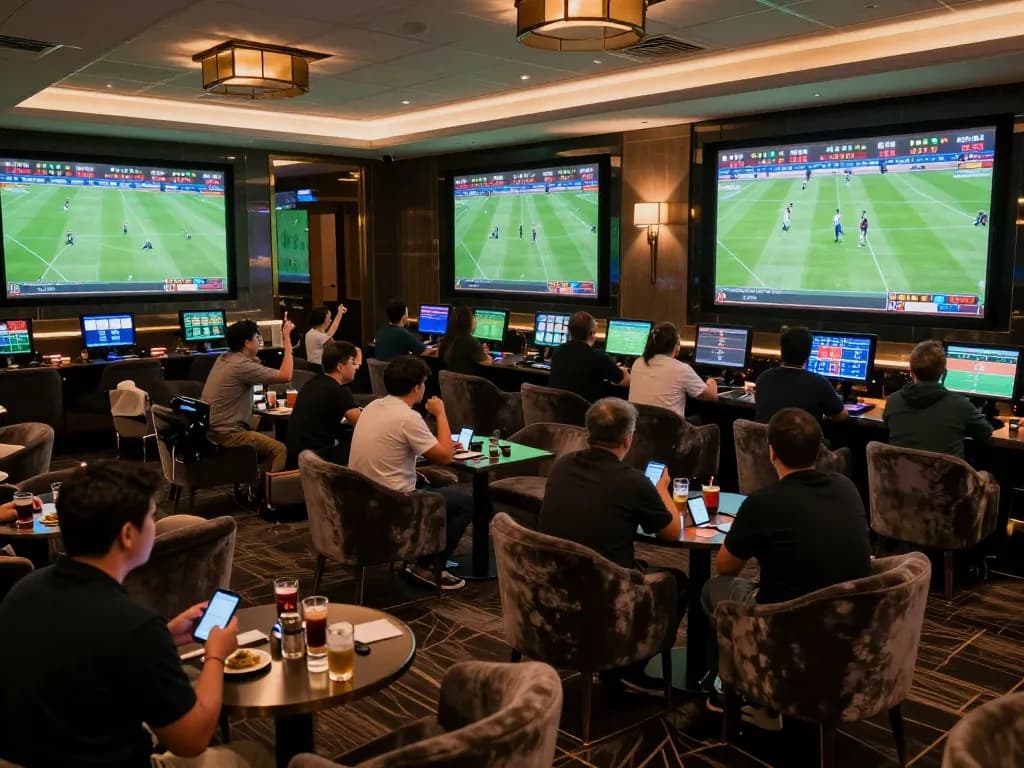 Cheering fans engage in live betting with Keo nha cai 5 in a vibrant sports lounge atmosphere