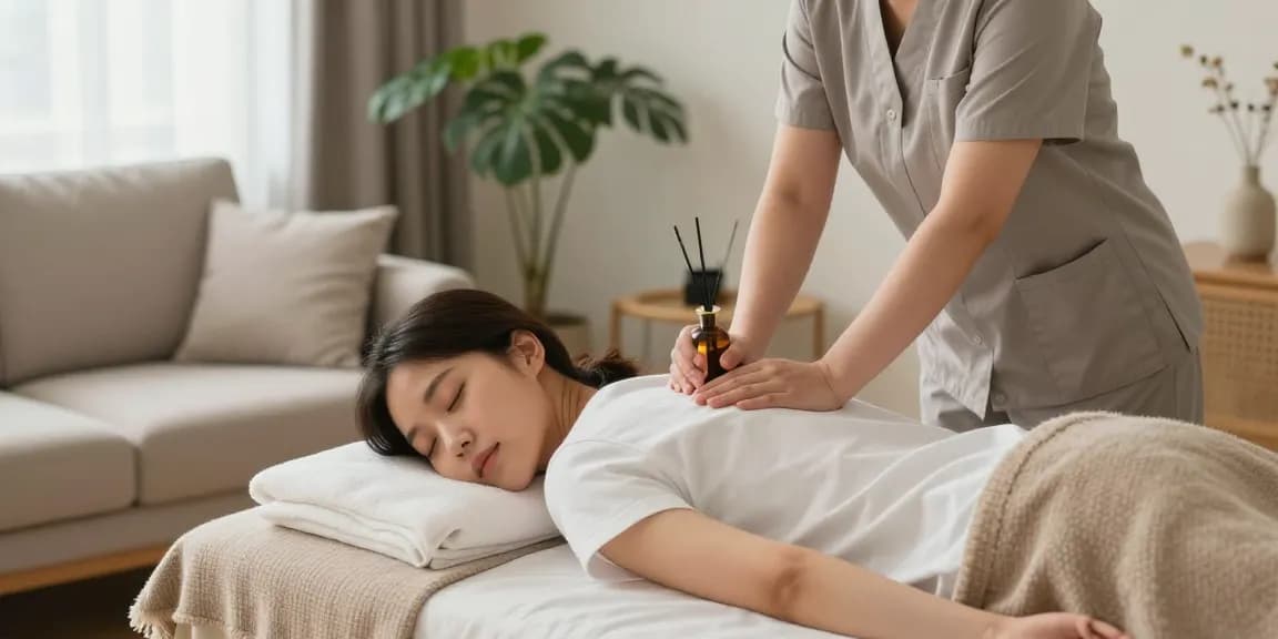 Enjoying relaxing 수원출장마사지 in a tranquil home environment with a trained 한국인 관리사.