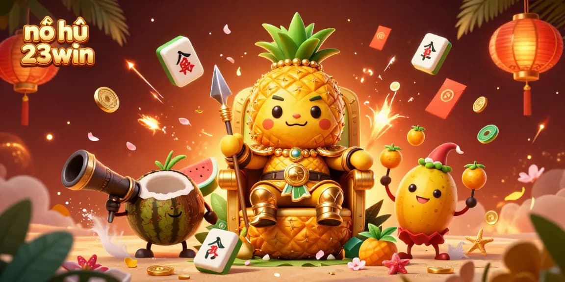 Nổ hũ 23win showcases a vibrant 3D illustration of a pineapple king in a casino setting, filled with dynamic gaming elements.