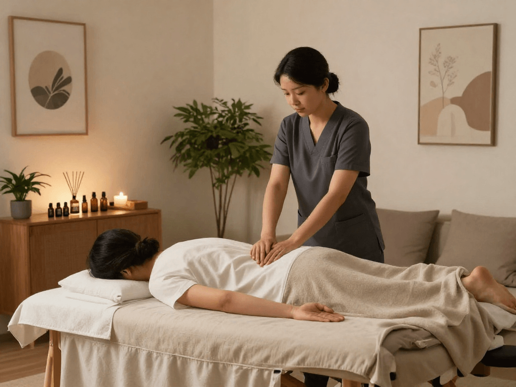 송파출장안마 service in a serene home setting with a therapist providing relaxation therapy.