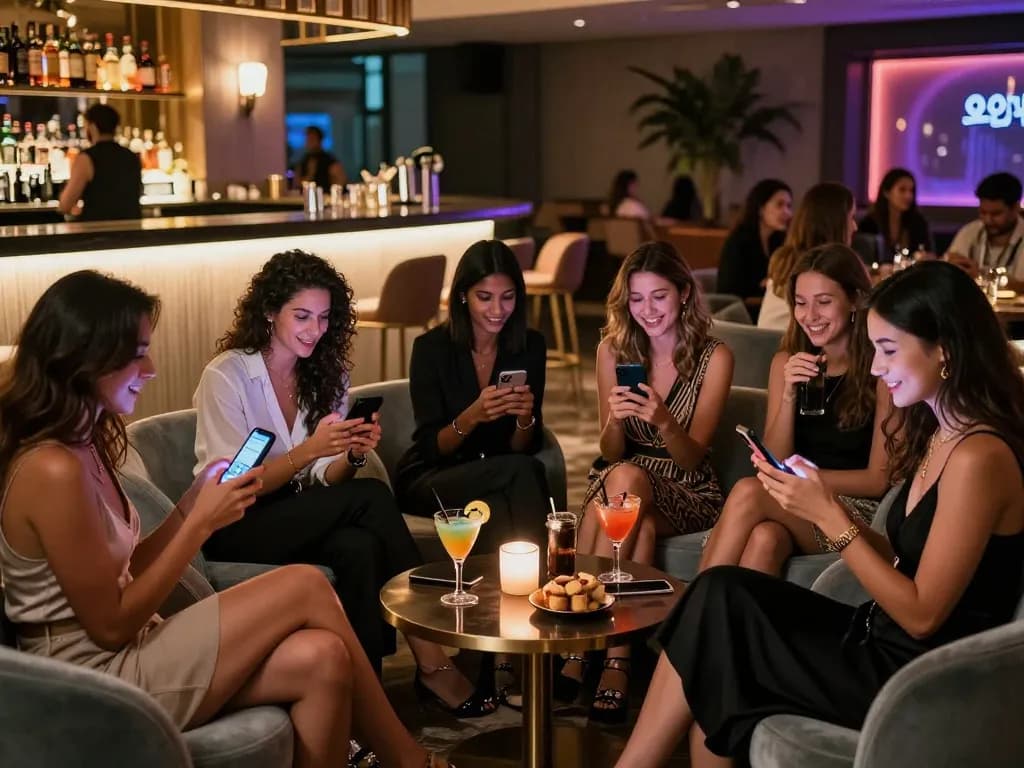 스타일리시한 라운지에서 오피스타 서비스를 탐색하며 친구들과 사교 활동을 하는 모습.