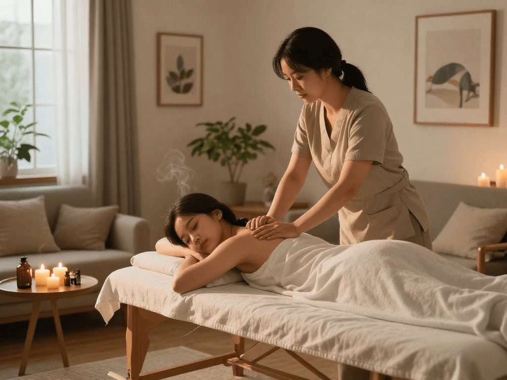 Experience serene 동작구출장마사지 in a cozy home setting with a relaxing atmosphere and professional therapist.