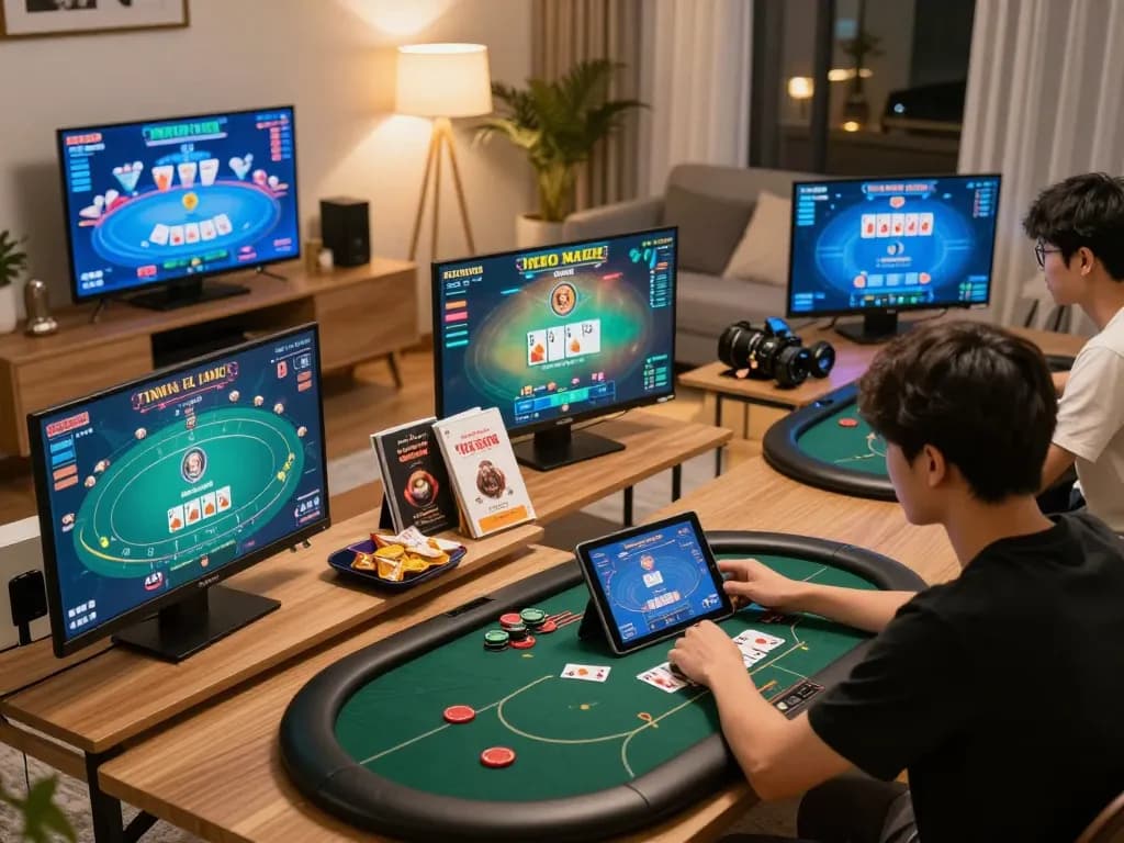 Players enjoying a thrilling game bài đổi thưởng on tablets amidst a cozy living room, exemplifying online gaming excitement.