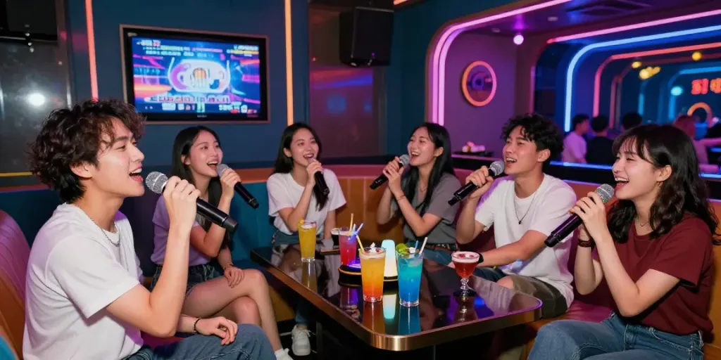 강남 달토에서 친구들과 함께 노래 부르는 즐거운 모습과 화려한 조명