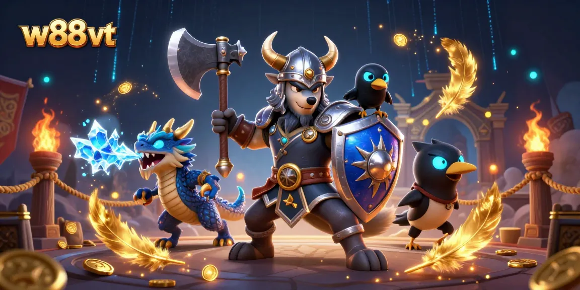 Cá cược tại w88 vt với hình ảnh hấp dẫn của chiến binh sói Viking dẫn dắt rồng và quạ.