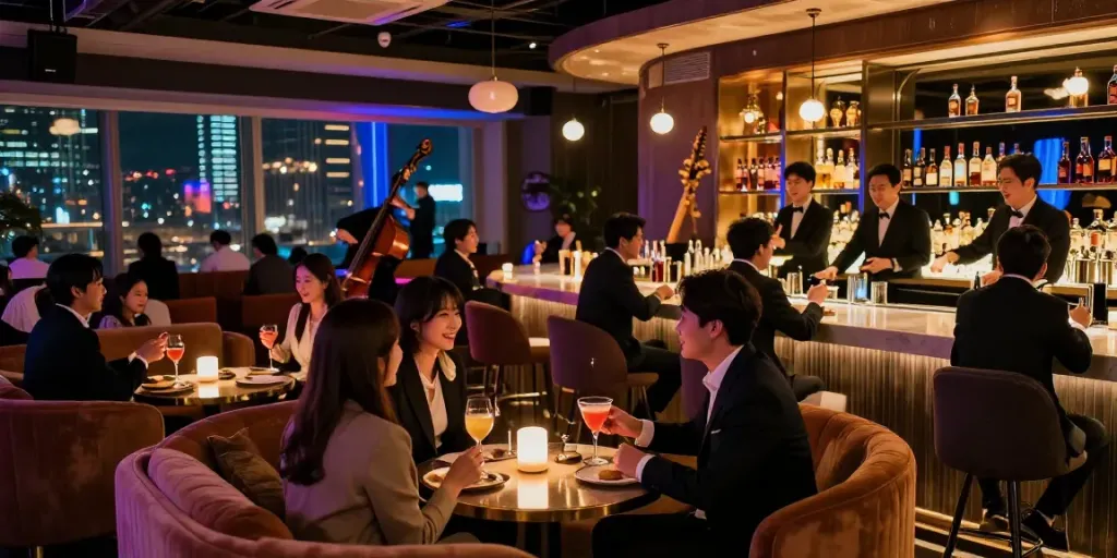 강남유앤미의 세련된 라운지에서 친구들과 즐거운 시간을 보내는 모습