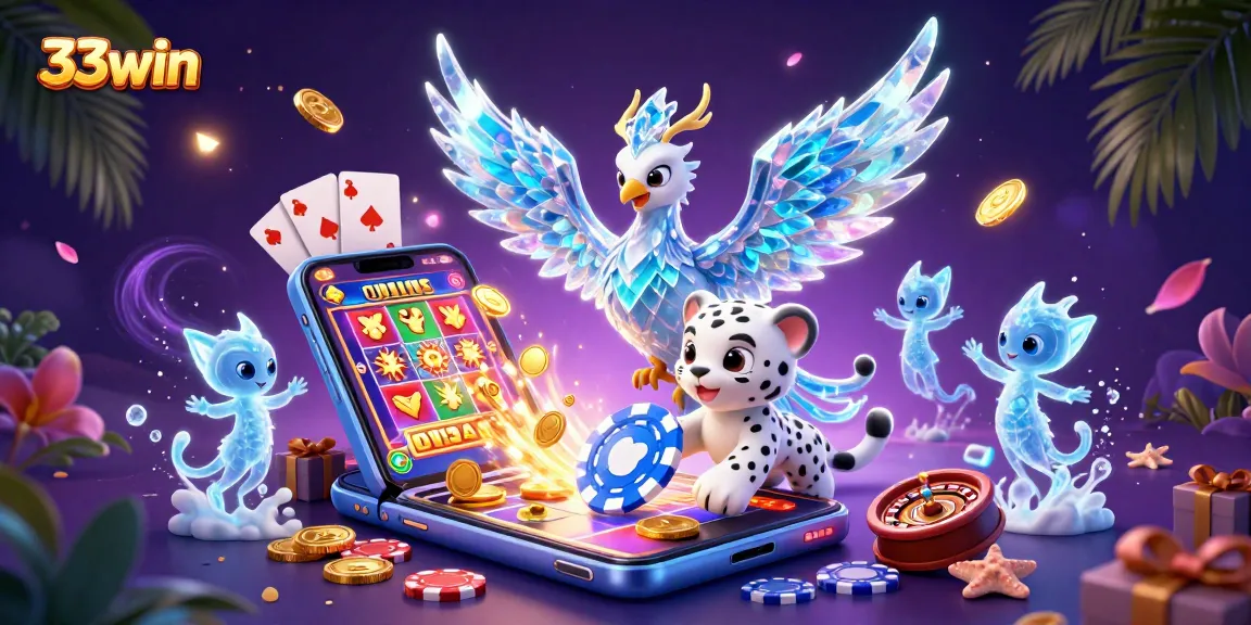 Experience the vibrant thrills of 33win at a dazzling casino scene with an ice phoenix and playful snow leopard.