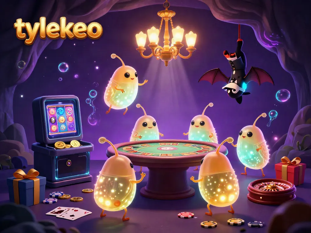 Experience the vibrant world of tylekeo in a lively cave casino illuminated by glowworms and a bat dealer.