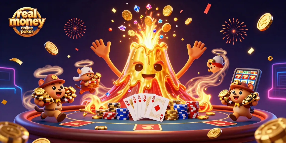 Play real money online poker with exciting treasures erupting from a golden volcano in this vibrant scene.