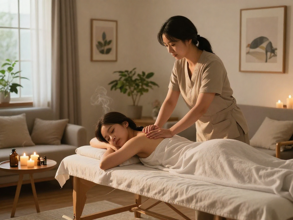 Experience serene 동작구출장마사지 in a cozy home setting with a relaxing atmosphere and professional therapist.