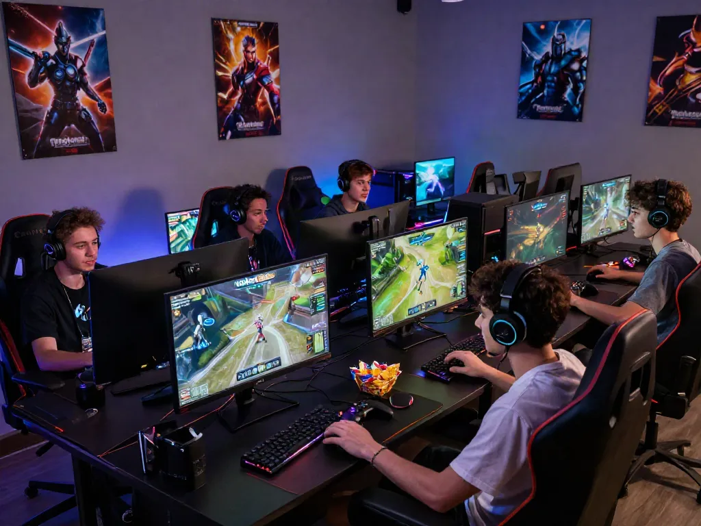 Friends gaming together on rokok88 in a vibrant gaming lounge with high-tech setups.