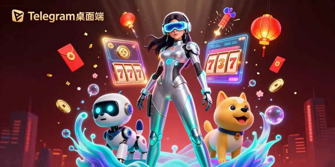 沉浸于Telegram桌面端的生动场景,展现一位惊艳女性与一只机器人狗,置身于充满活力的赌场界面中。