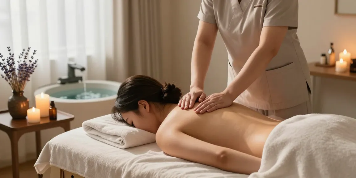 대전마사지 치료를 받는 고객과 치료사가 편안한 마사지 스튜디오에서 함께하는 모습입니다.