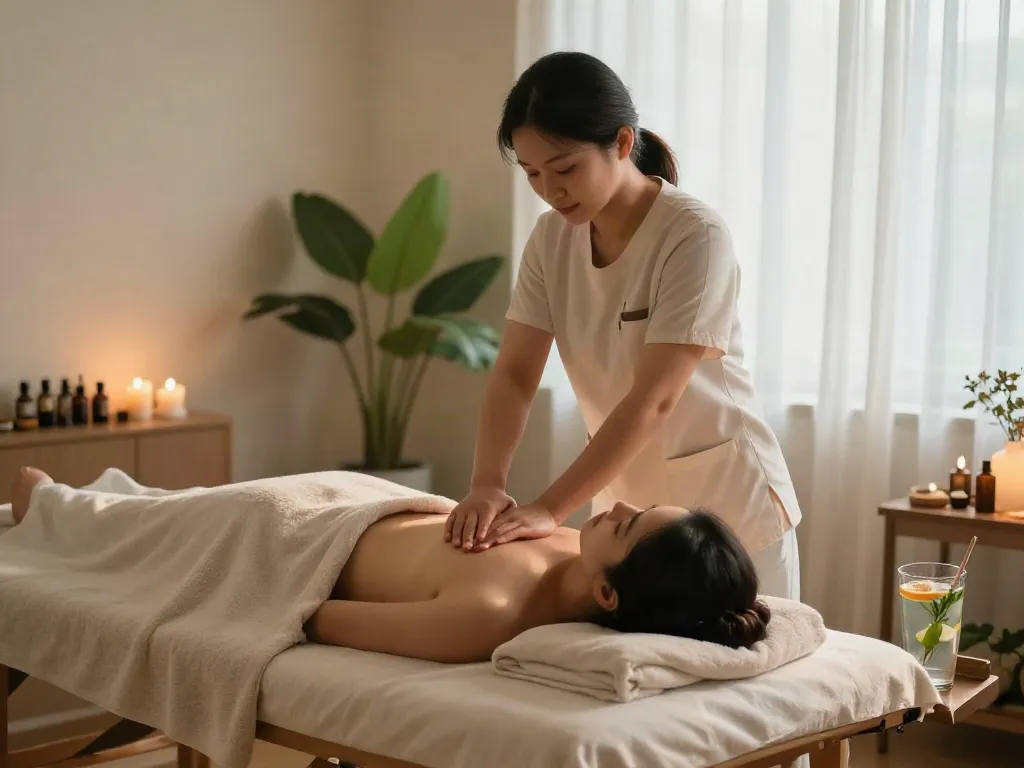강남출장마사지 therapy session in a calming spa environment with soft lighting and serene decor.