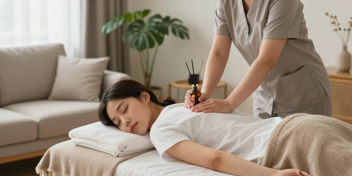 Enjoying relaxing 수원출장마사지 in a tranquil home environment with a trained 한국인 관리사.
