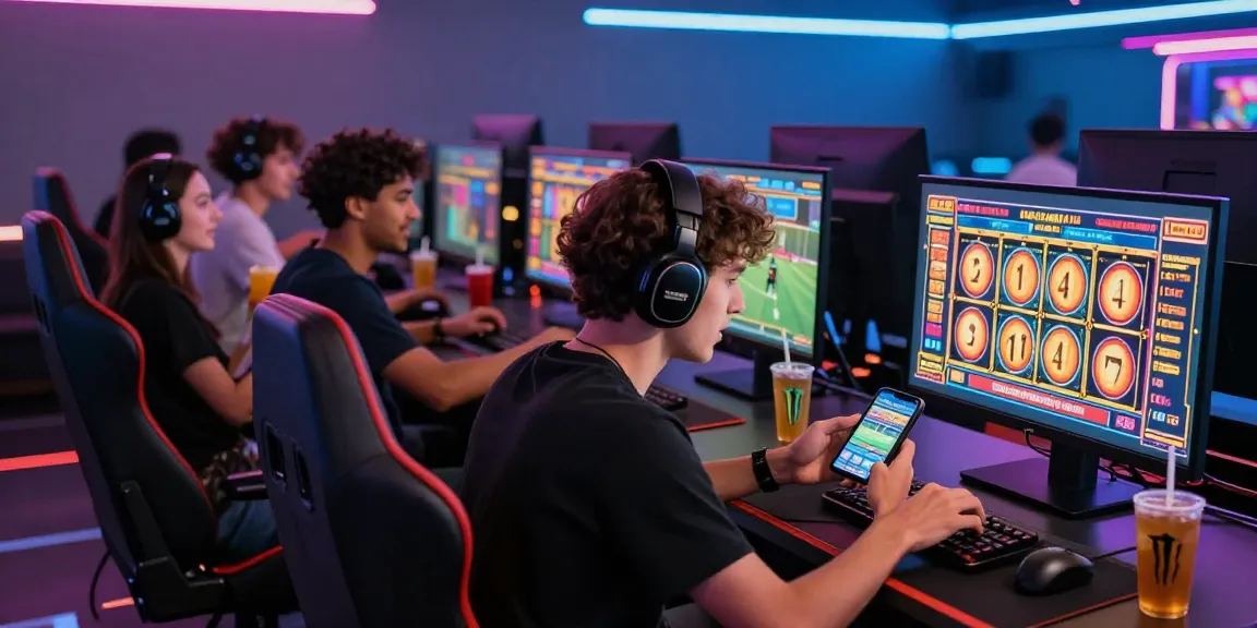 Online gaming enthusiasts actively participating at a casino with Rr8i sports betting on screens and bright graphics.