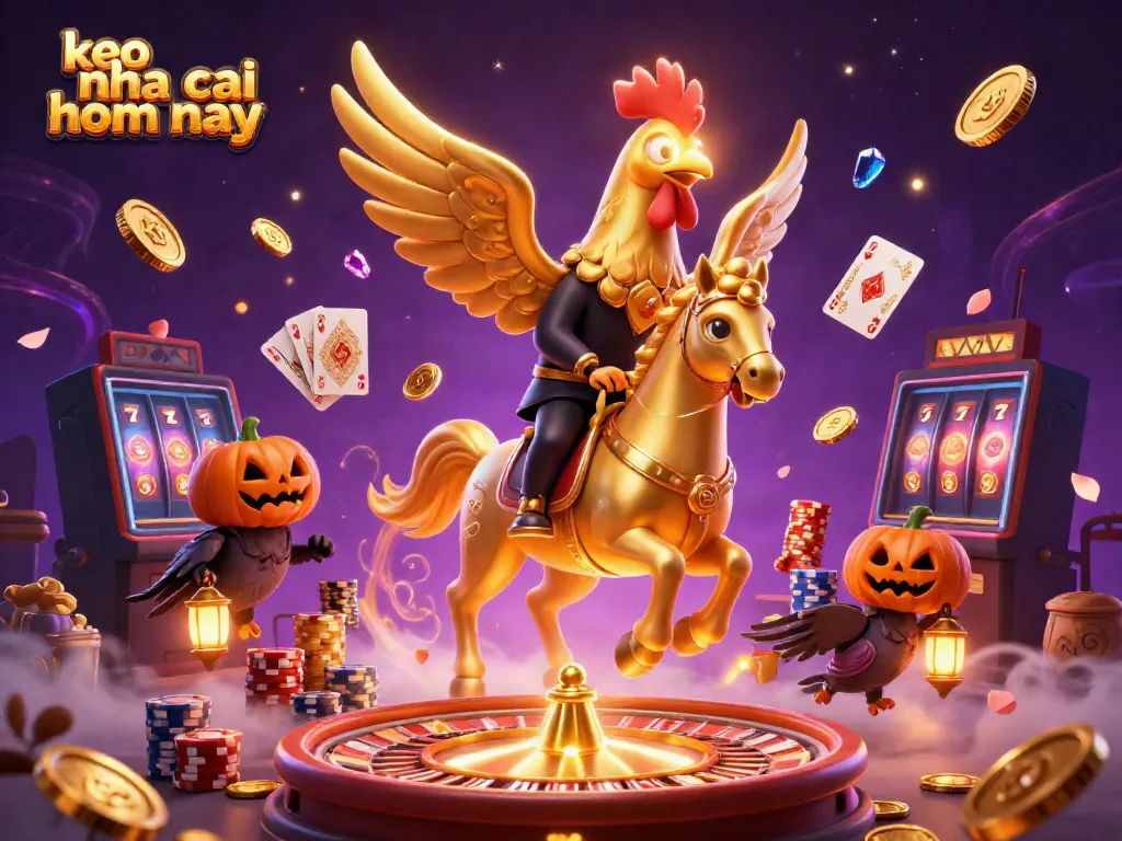 Engage with keo nha cai hom nay as golden rooster and spectral horse navigate a vibrant casino scene.