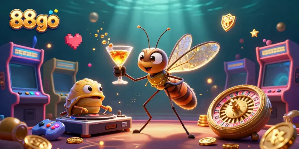 Immerse in the vibrant world of 88go with a lively casino scene featuring unique 3D characters.