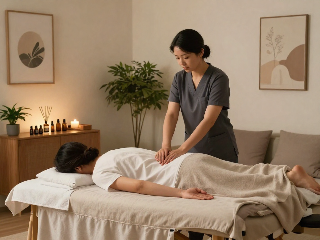 송파출장안마 service in a serene home setting with a therapist providing relaxation therapy.