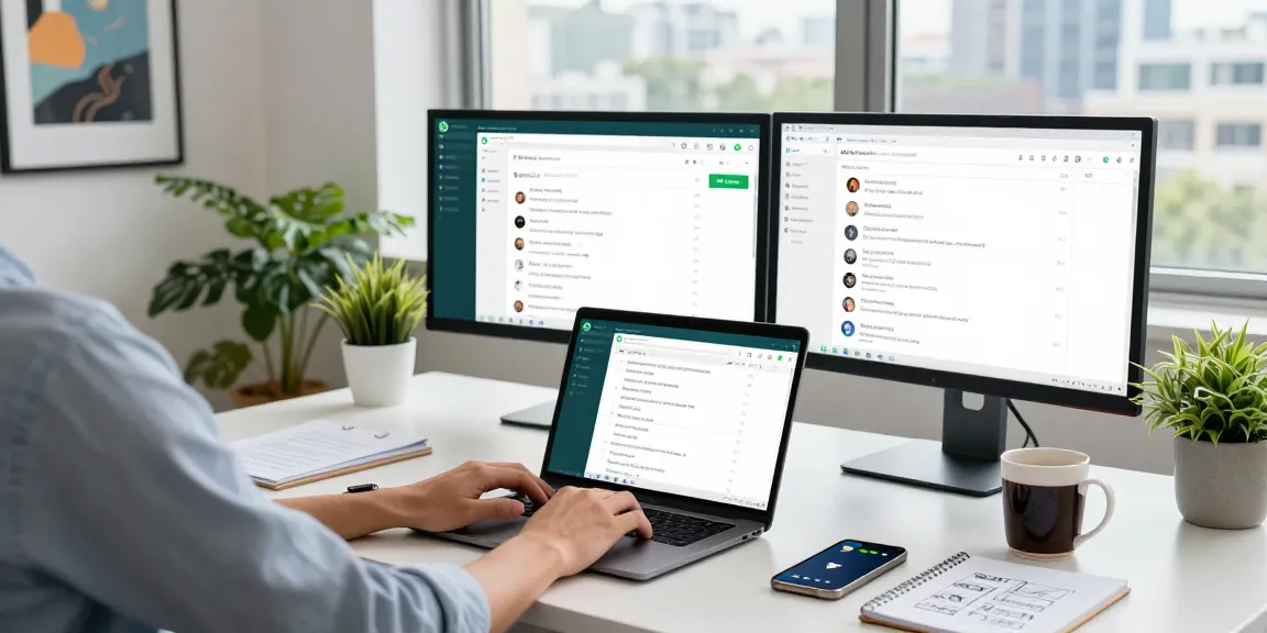 Professional using WhatsApp網頁版 on a modern laptop in a bright office.