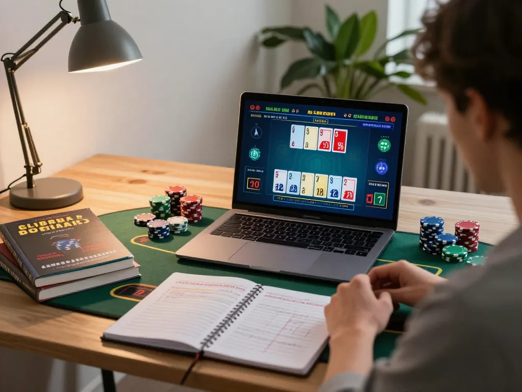 Engaged player strategically betting on blackjack at home using 78WIN COM for online gaming success.