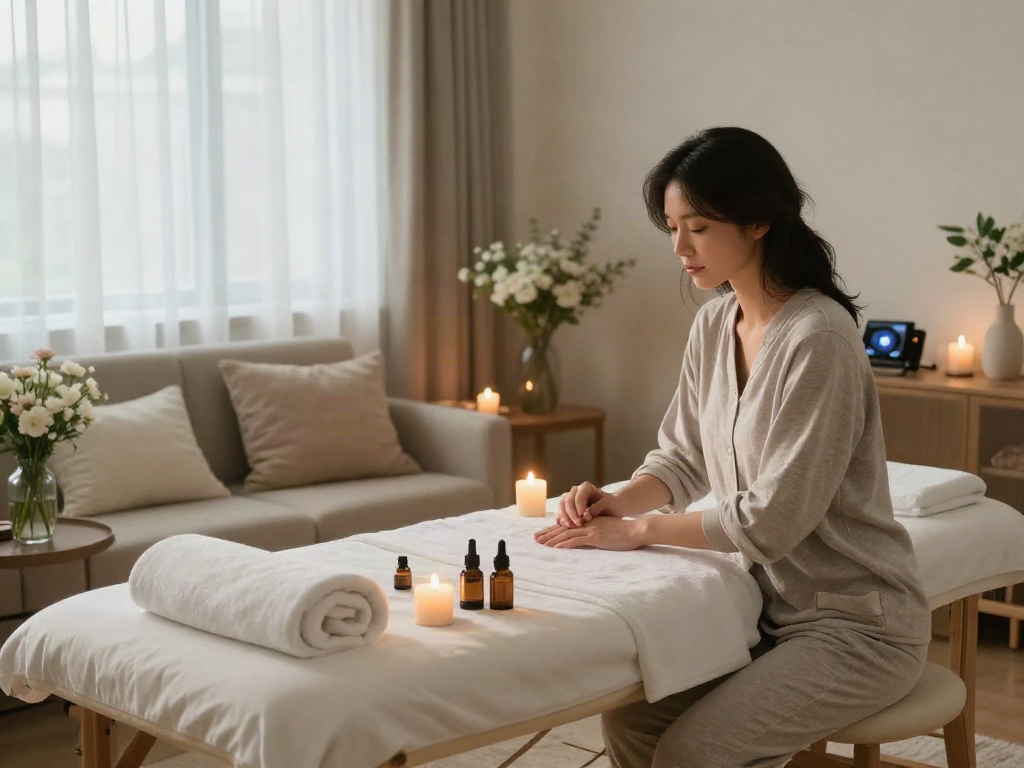 Relaxing 경기도출장안마 scene in a soothing home spa environment.