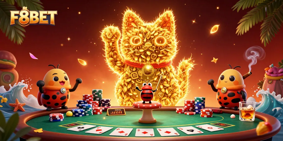 Experience the vibrant world of F8BET with a magical lucky cat and colorful casino elements.