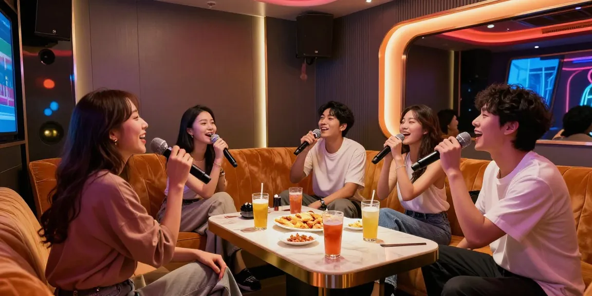 강남쩜오의 고급스러운 노래방에서 즐겁게 노래하는 친구들 모습과 아늑한 분위기