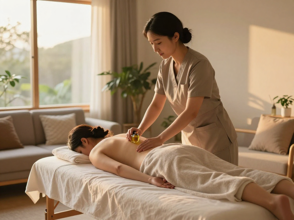 Experience relaxation with 시흥출장안마 in a professional home setting, highlighting a serene massage session.