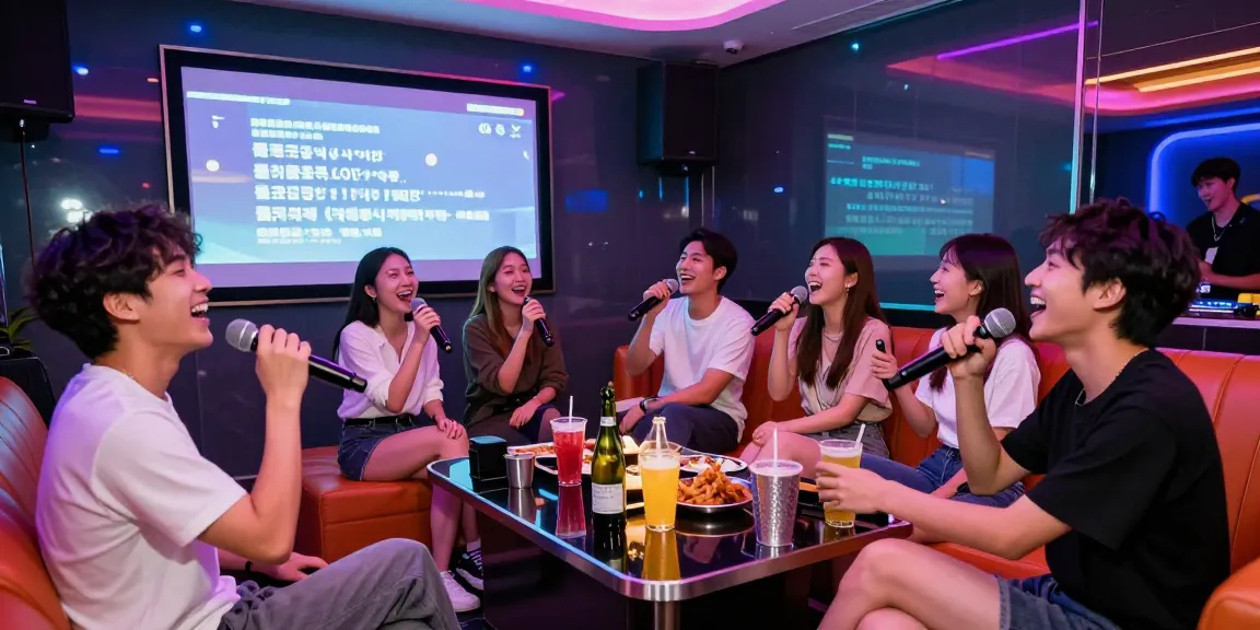 강남가라오케의 화려한 노래방에서 친구들이 함께 노래하는 즐거운 모습