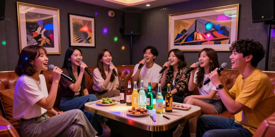 강남가라오케에서 친구들과 즐겁게 노래 부르는 모습, 화려한 조명과 고급스러운 음료가 어우러진 사교적인 분위기