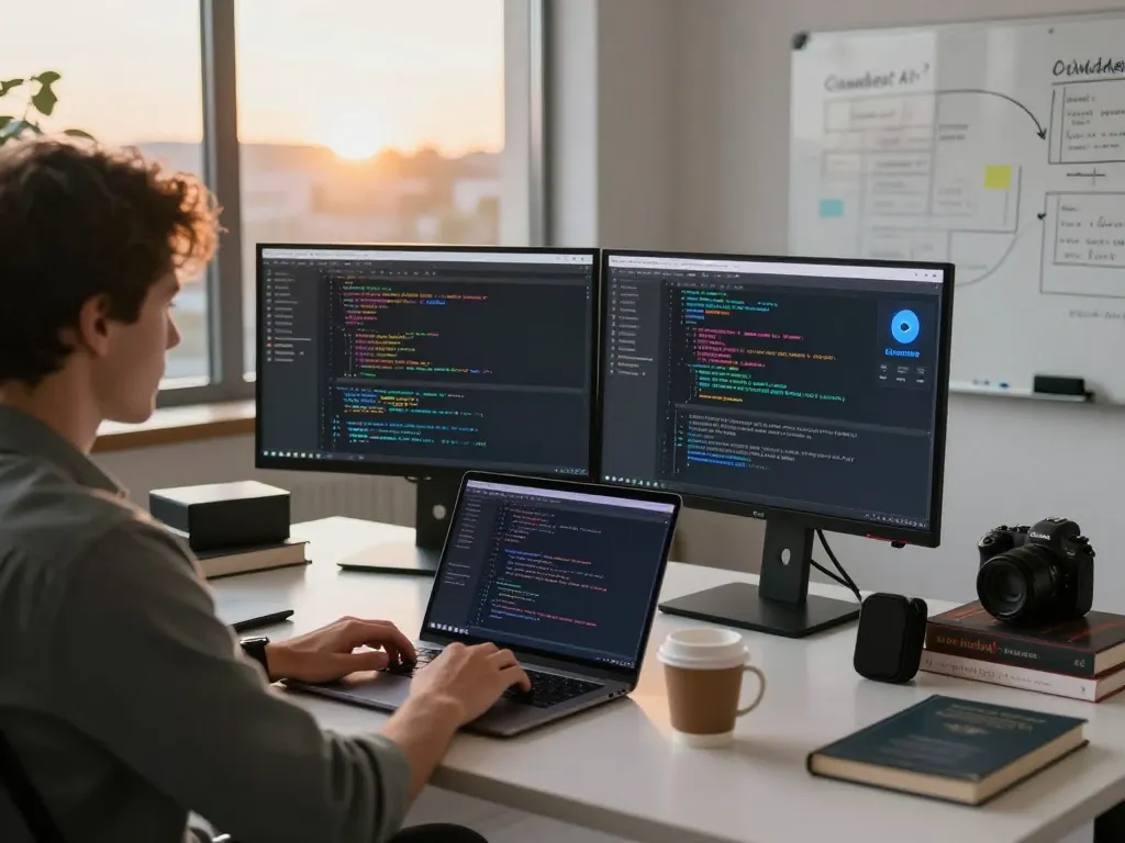 Workspace featuring a developer utilizing Clawdbot AI for coding and automation tasks with a modern setup.