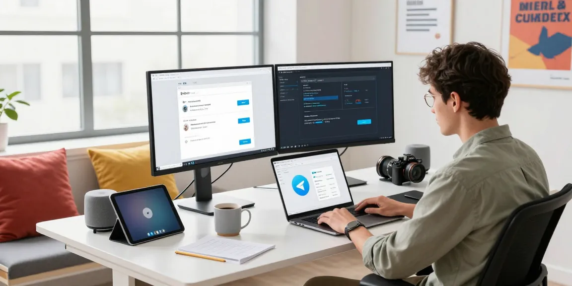 Switching Telegram Chinese interface in a modern workspace, highlighting tech productivity and user engagement.