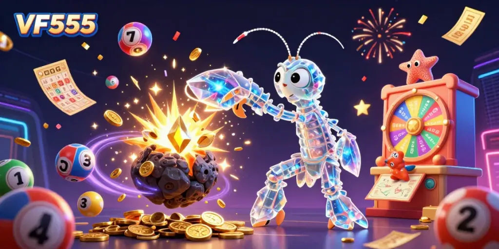 Engage with VF555 as a galactic mantis shrimp battles for treasure amidst a vibrant casino scene.
