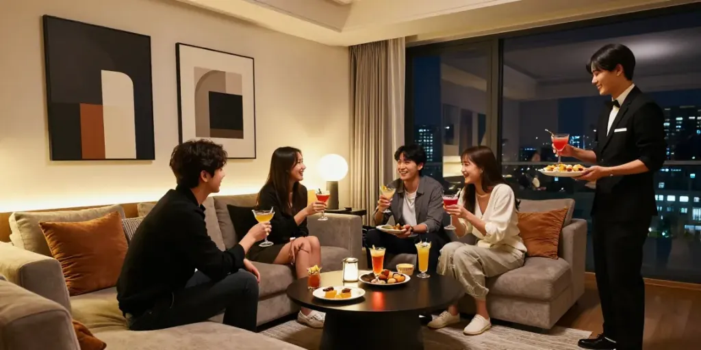 강남구구단의 사적인 공간에서 친구들과 즐거운 시간을 보내는 장면