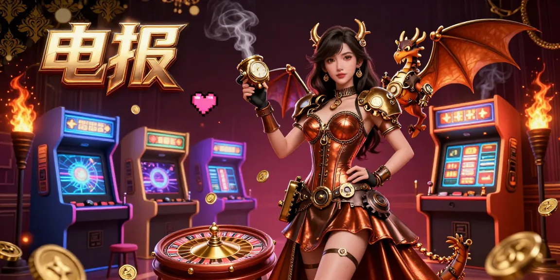 在充满蒸汽朋克元素和多彩街机的生动赌场场景中,和电报一起旋转转盘。