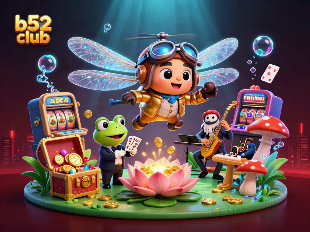 Engage in thrilling gameplay at b52 club with a vibrant illustration showcasing card games and lively casino elements.