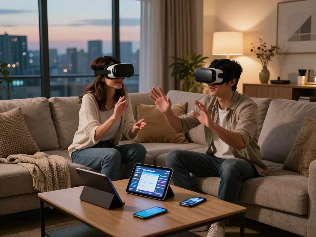 Couple exploring ai sex through VR technology in a cozy living room.