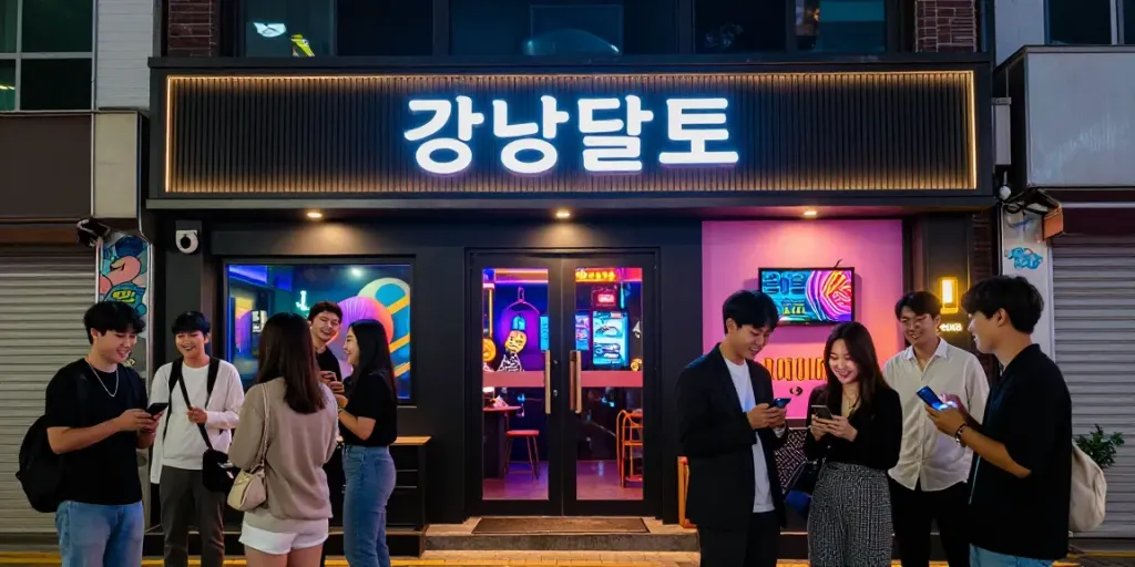 강남달토의 현대적인 입구와 활기찬 밤거리 풍경