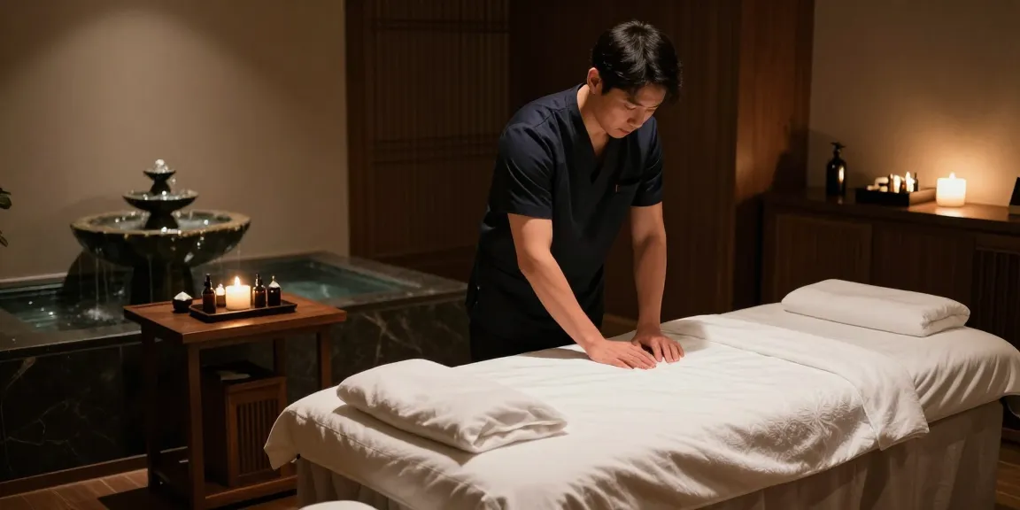 부산마사지 전문 마사지샵 내부, 편안한 조명과 아로마 오일이 있는 공간.