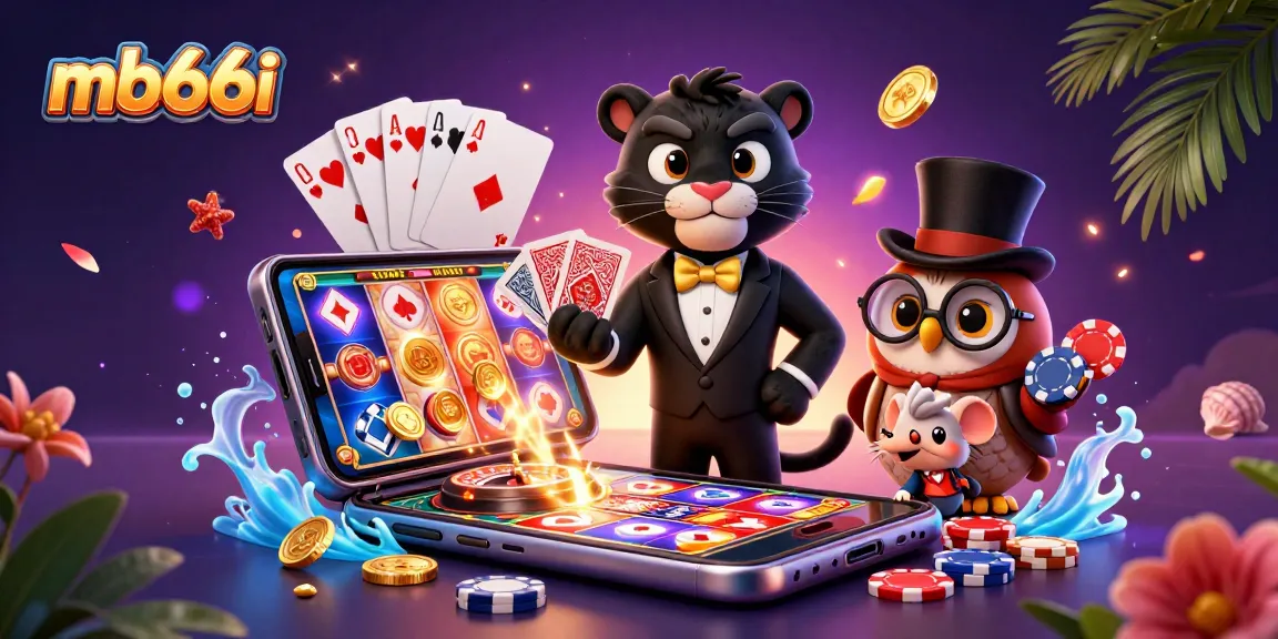 Experience thrilling games with mb66i, featuring a stylish panther dealer, charming owl, and lucky mouse at an online casino.