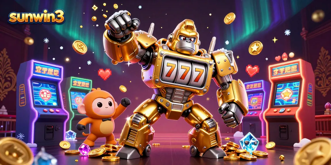 Win big with sunwin3 while enjoying a vibrant 3D casino illustration filled with slot machines and gaming excitement.