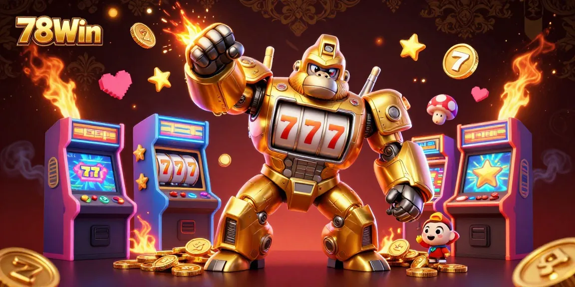 Experience the excitement of winning at 78Win with a golden gorilla mech and vibrant casino elements.