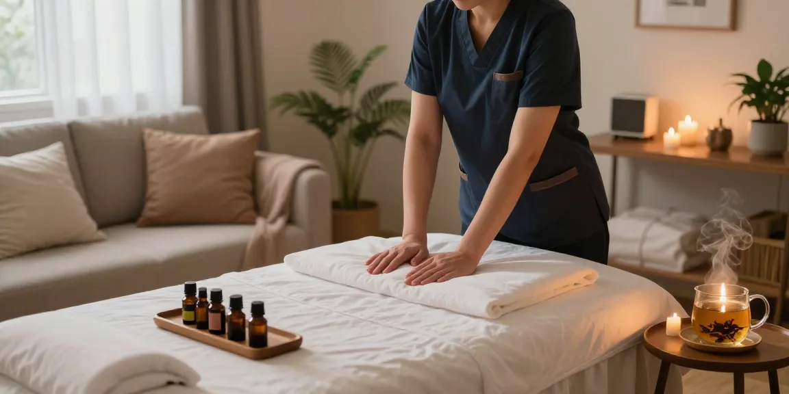 Relaxing home massage setup illustrating 구로출장안마 service with serene atmosphere and professional therapist preparations.