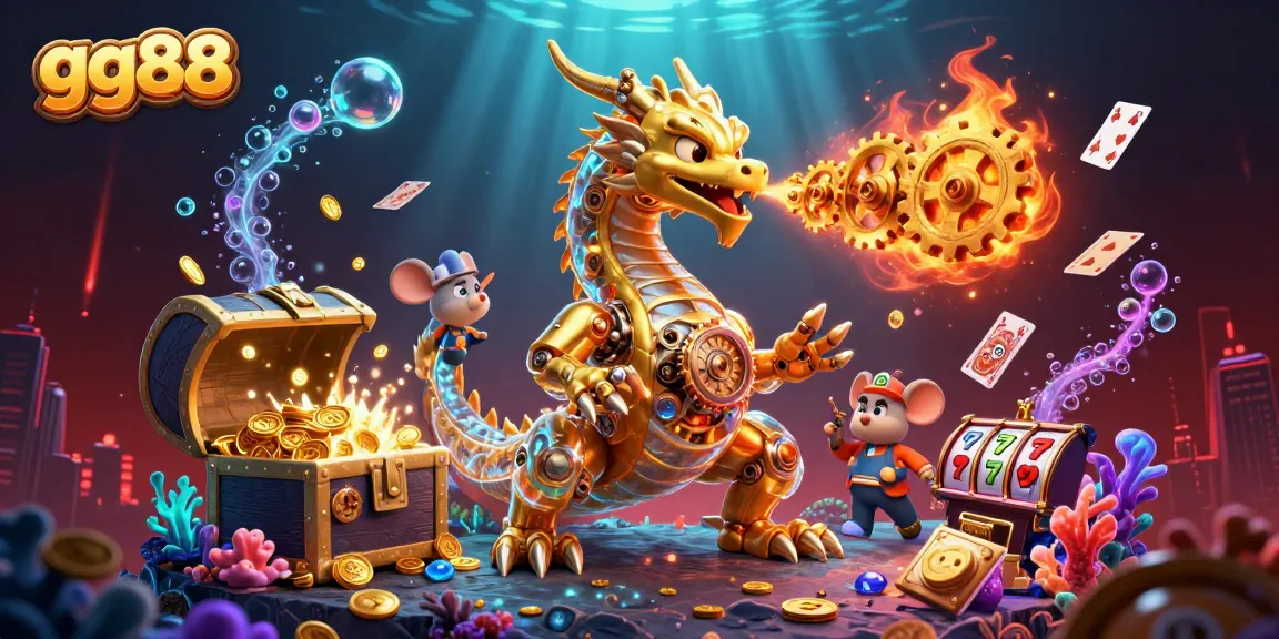 Bettors dive into excitement with gg88, a thrilling illustration of a golden dragon amidst casino treasures.