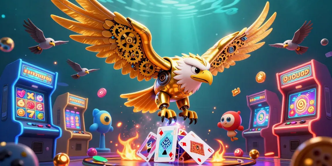 Online pokies showcase with dynamic 3D characters, vibrant arcade machines, and engaging game elements.