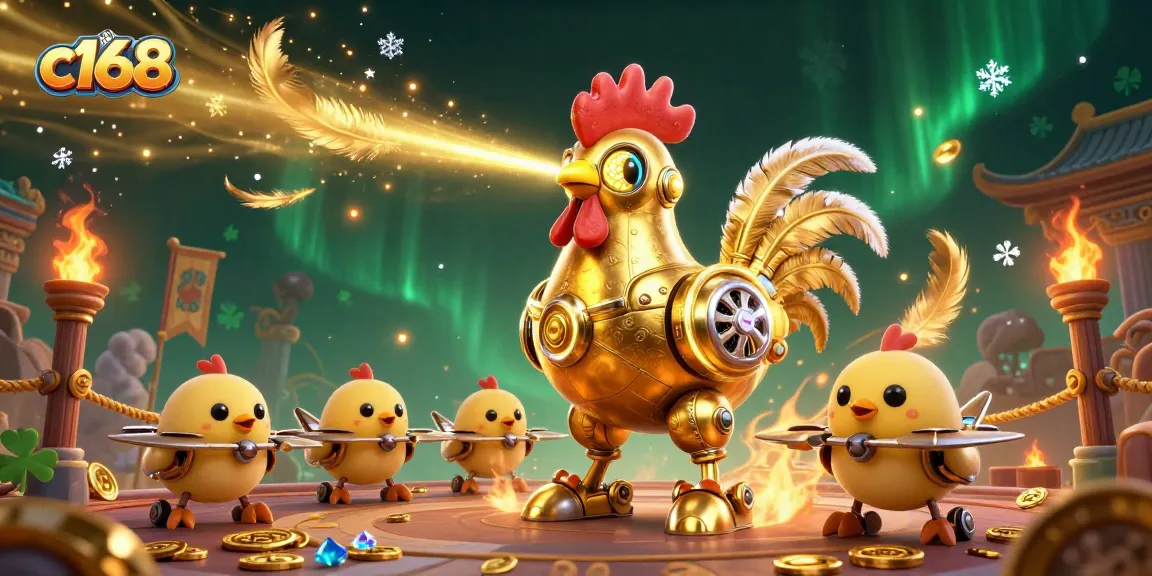 Engage in dynamic gaming action with c168's vibrant casino illustration featuring a golden rooster robot.
